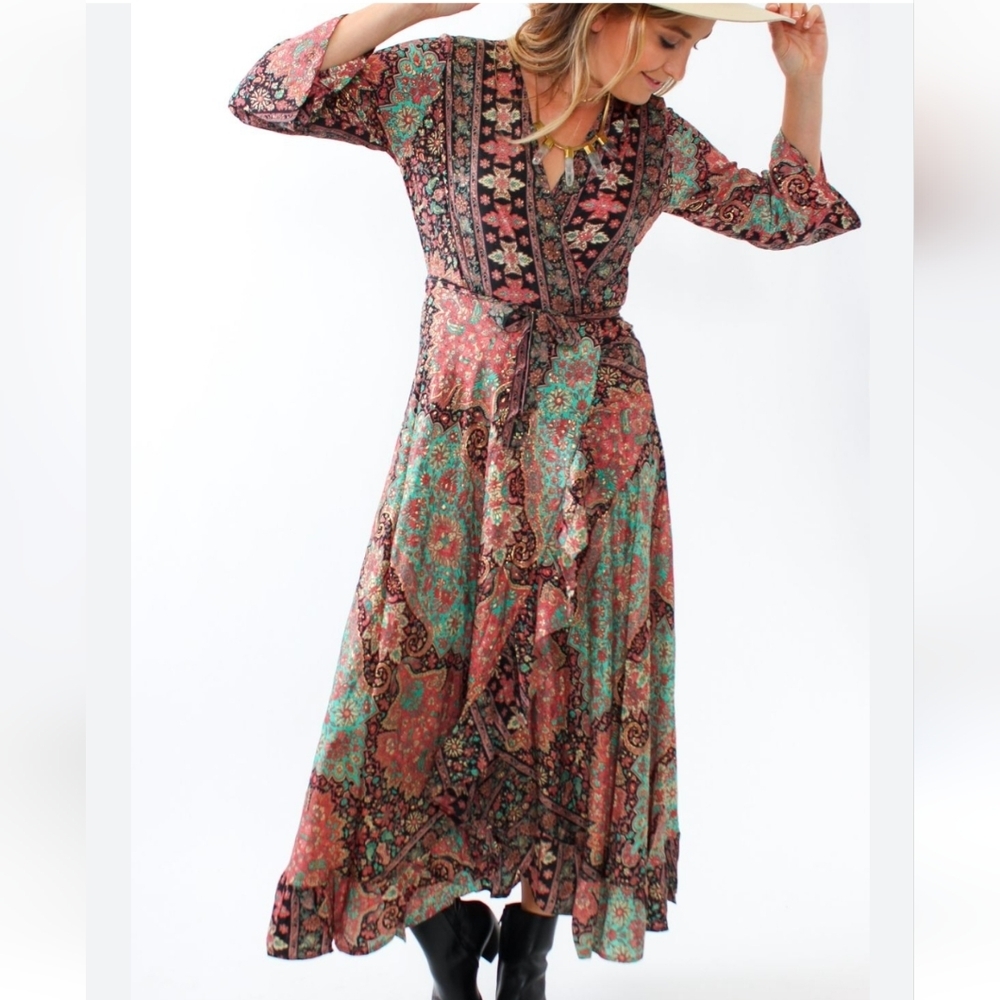 NEW Cienna Wrap Boho Dress in Pink and Green Print, Sz S